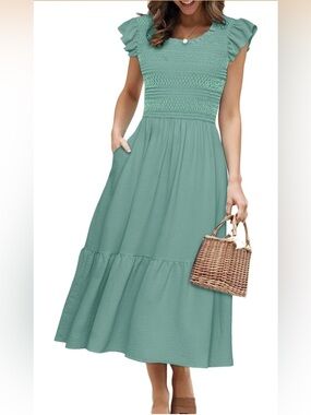 Smocked Bodice Midi Dress in Sage Green - Women's Casual Summer Dress
